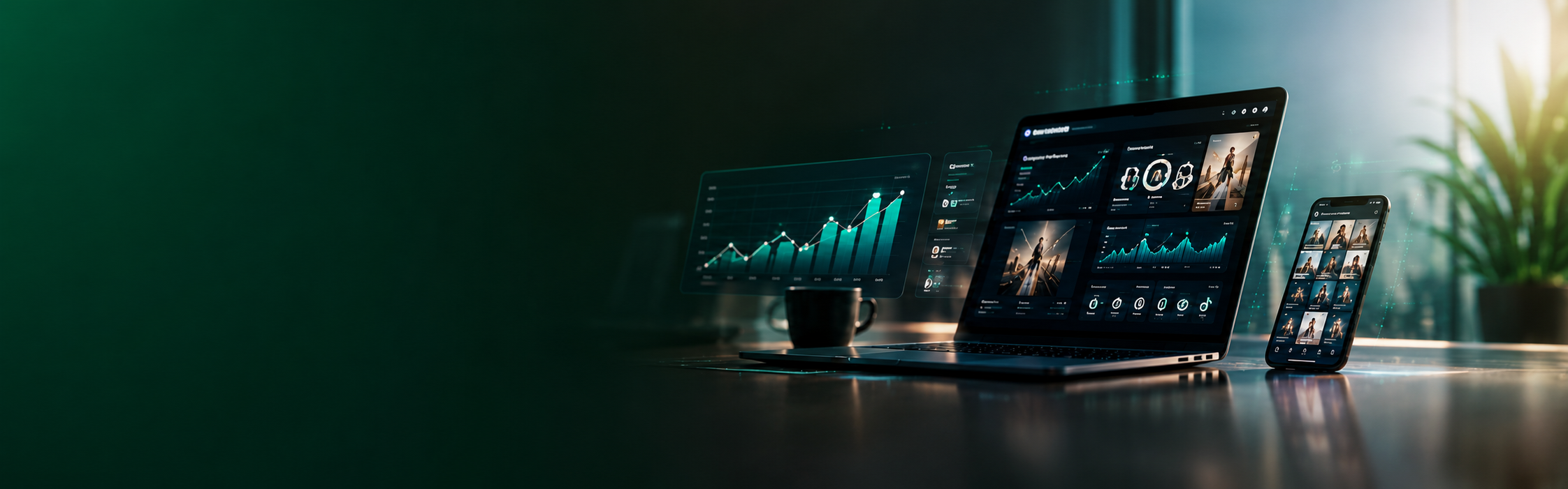 Digital marketing dashboards and creative work across laptop and mobile screens